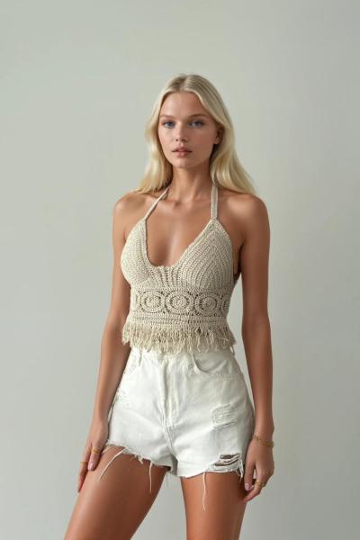 Lisa Crochet İp Askı Crop Krem