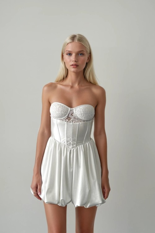 Eliza Korseli Sirt Detayli Saten Balon Etekli Elbise  Beyaz