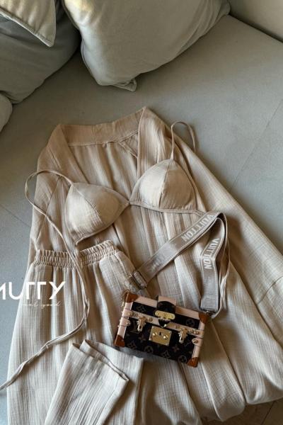 Beijing Maxi Boy Kimono + Pantolon + Pedli Crop 3lü Set (BUGÜNE ÖZEL) Bej