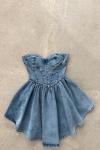 Kabarık Etekli Denim Straples Elbise Ashley Mavi