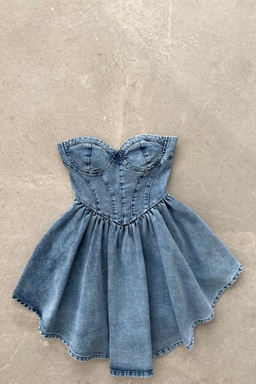 Kabarık Etekli Denim Straples Elbise Ashley Mavi