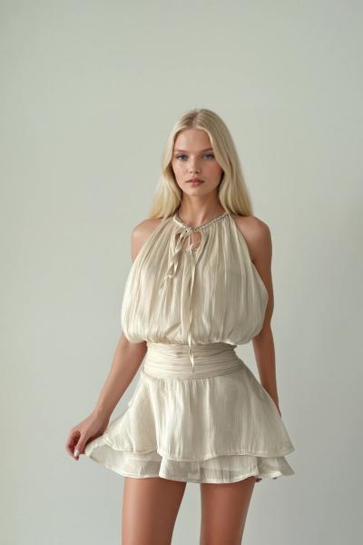 Vanesya Boncuk Detaylı Organze Tasarım Elbise Bej