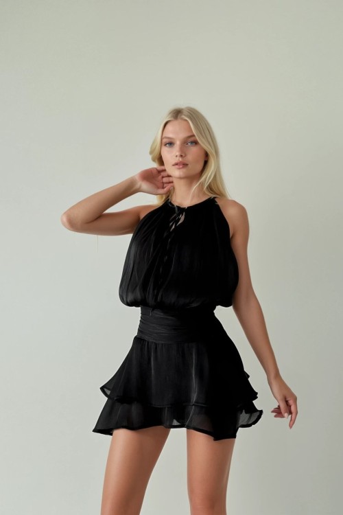 Vanesya Boncuk Detaylı Organze Tasarım Elbise Siyah