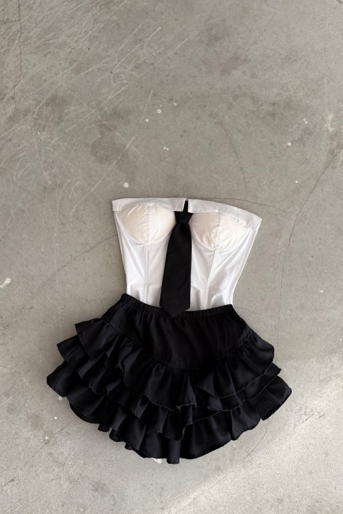 mox korse kravatlı bustıer gömlek - fırfırlı kabarık sort etek 2lı set  Siyah
