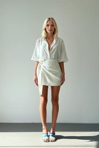 Dalia Organik Keten Etek + Gömlek 2li Set  Beyaz