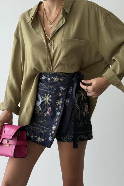 Ole Nakışlı Anvelop Premium Şort Etek  Lacivert