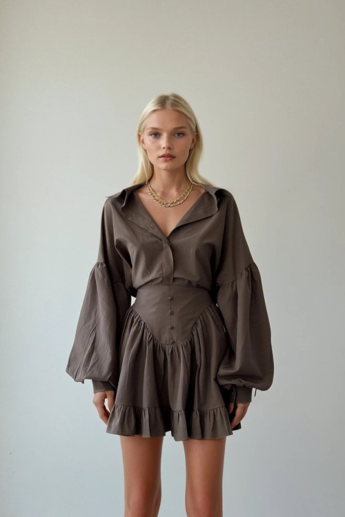 Berlin Etek Gömlek Set ( ÖN SİPARİŞ ÜRÜNÜDÜR ) Kahverengi