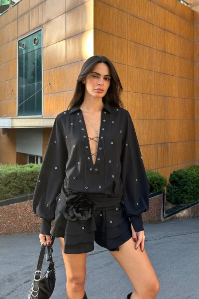 Ella Kusgozu Detayli Cicek Detayli Kat Kat Elbise  Siyah