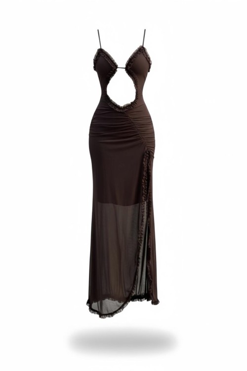 Trisha Dantel Detaylı Yırtmaçlı Maxi Elbise Kahverengi