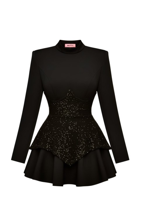 Alia Beli Simli Korseli Elbise  Siyah