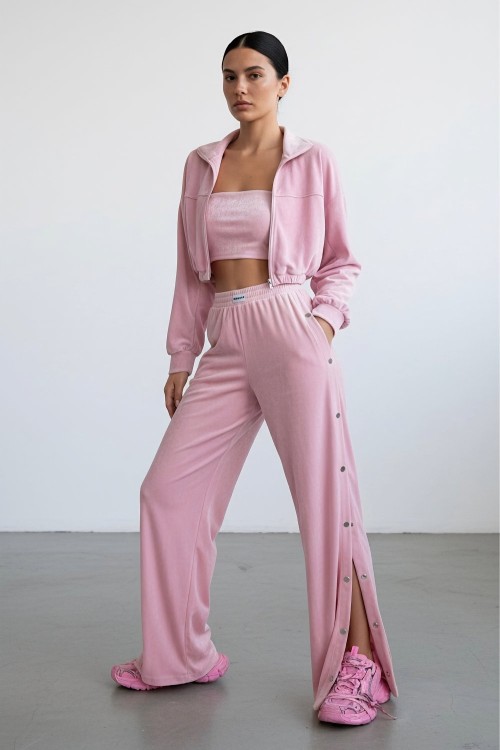 Sera Çıtçıt Detaylı 3lü Kadife Set Pembe