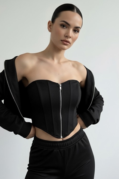 Vina Korse Detaylı Süet Üçlü Takım Siyah