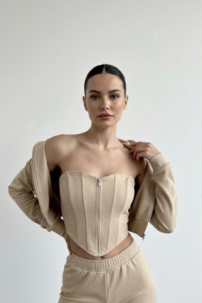 Vina Korse Detaylı Süet Üçlü Takım Bej