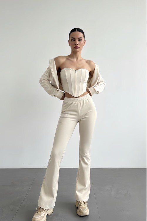 Vina Korse Detaylı Süet Üçlü Takım Krem