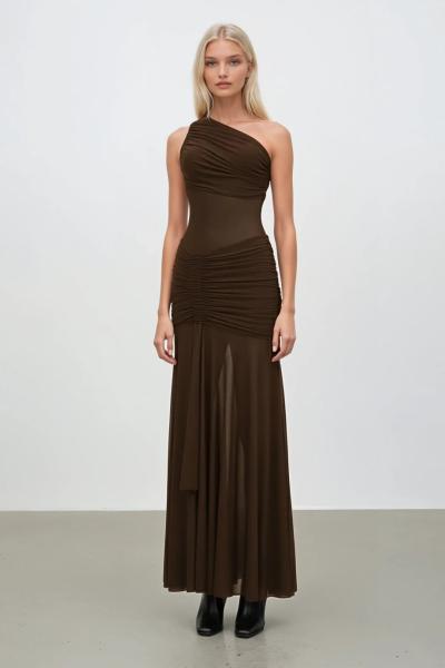 Olya Tek Omuz Tasarım Elbise Kahverengi