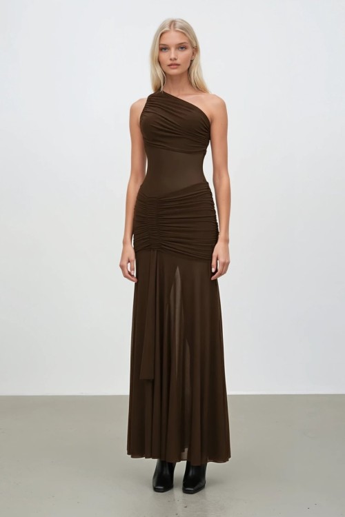 Olya Tek Omuz Tasarım Elbise Kahverengi