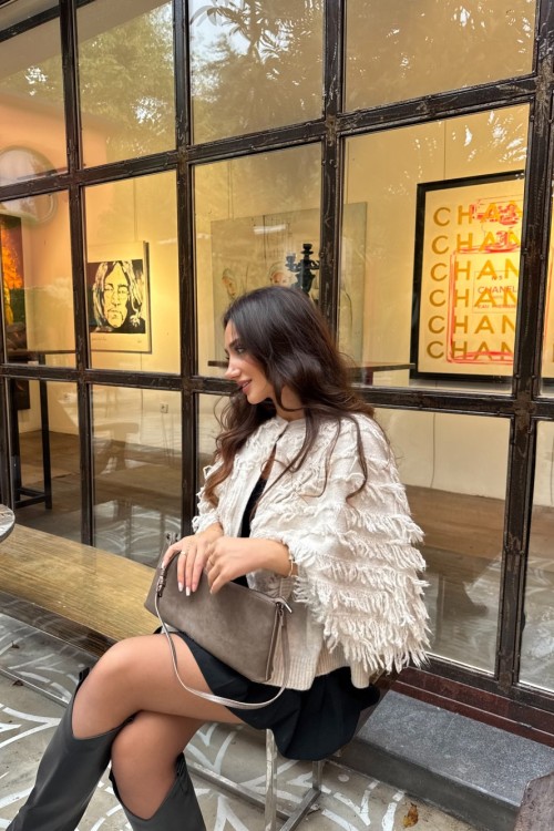 Nasty Saçaklı Triko Hırka  Bej