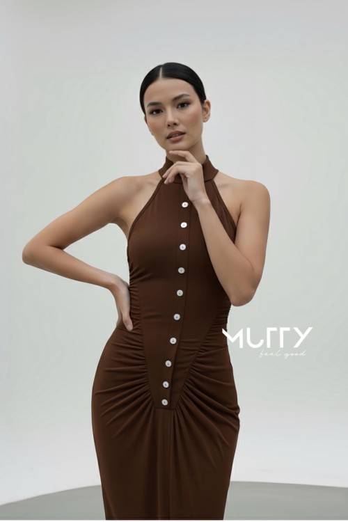 Sonia Dugme Detayli Drapeli Maxi Elbise  Kahverengi