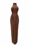 Sonia Dugme Detayli Drapeli Maxi Elbise  Kahverengi