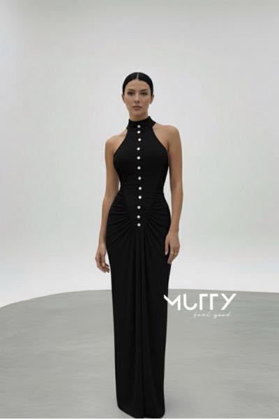 Sonia Dugme Detayli Drapeli Maxi Elbise  Siyah