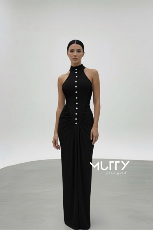 Sonia Dugme Detayli Drapeli Maxi Elbise  Siyah