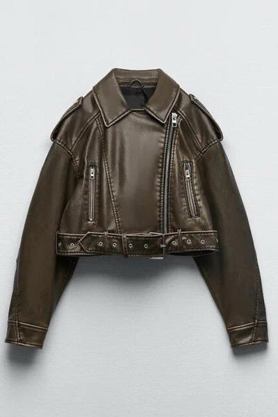 Nayla Eskitmeli Deri Ceket  Haki