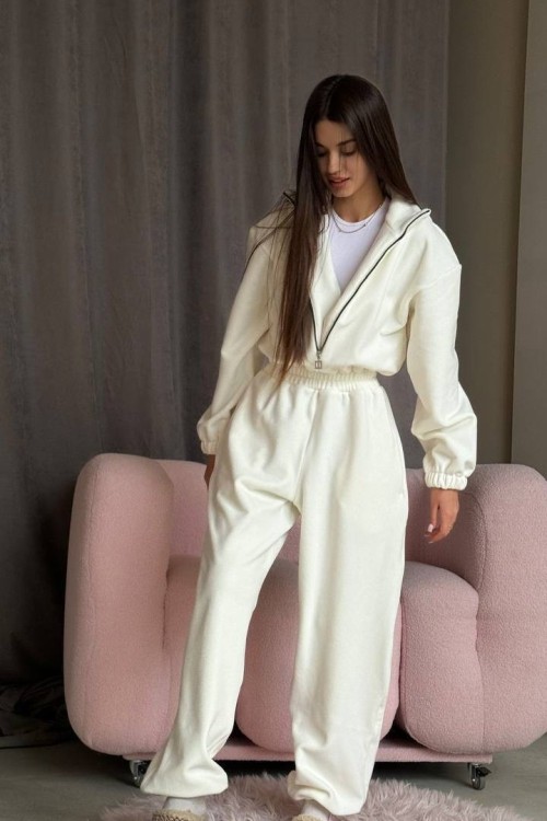 Ophel Fermuarlı Polar Tulum Krem