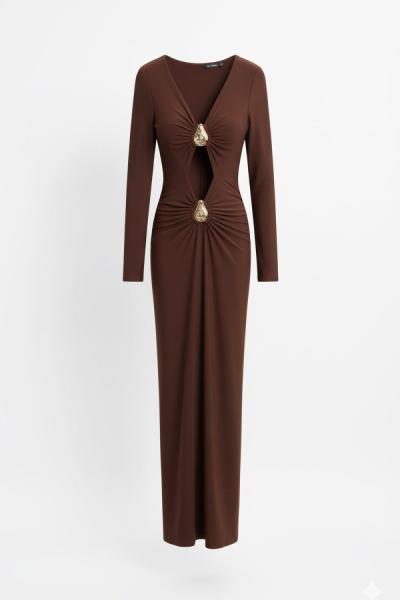 Ovel Broş Detaylı Candy Elbise Kahverengi
