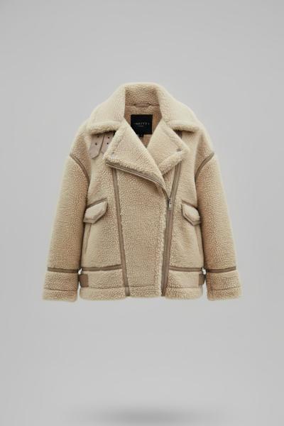 Avia Deri Şerit Detaylı Peluş Mont Bej