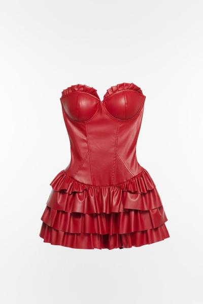 Zizy Gloplu Kabarik Etekli Deri Elbise  Kırmızı