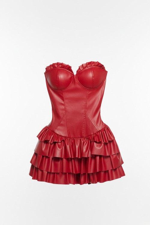 Zizy Gloplu Kabarik Etekli Deri Elbise  Kırmızı