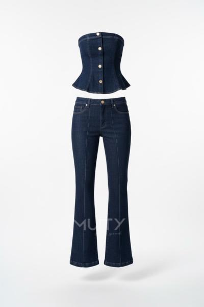 ARJE Straples Croplu Denim Set  Mavi