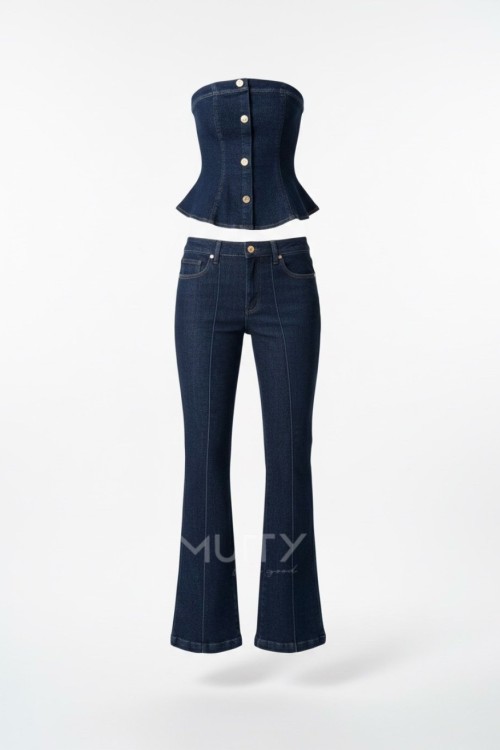 ARJE Straples Croplu Denim Set  Mavi