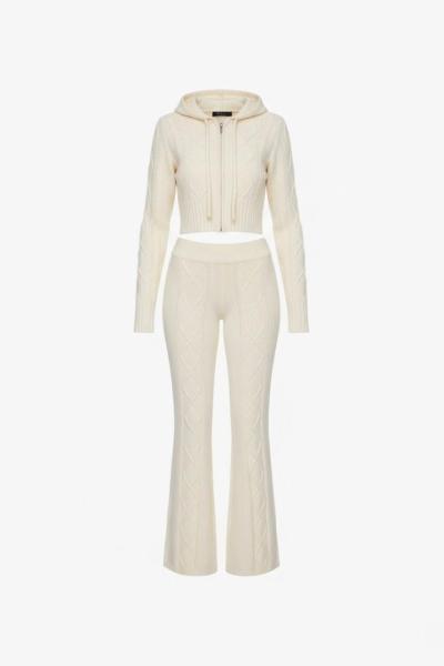 Saç Örgü Fermuarlı Triko Takım  Ekru