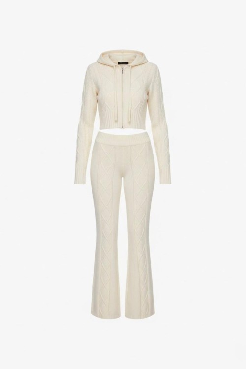 Saç Örgü Fermuarlı Triko Takım  Ekru