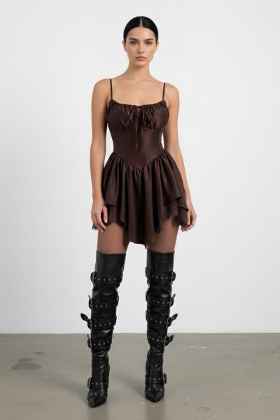 Linda Korse Detay Saten Dantelli Elbise Acı Kahve