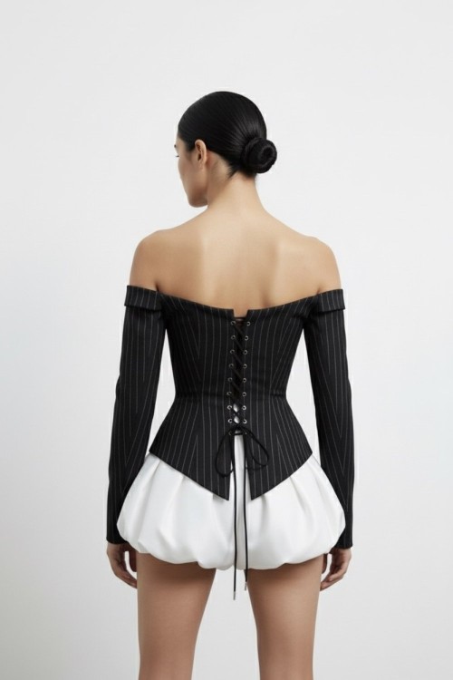 Rosalia Korseli Bluz Balon Etek Set Siyah