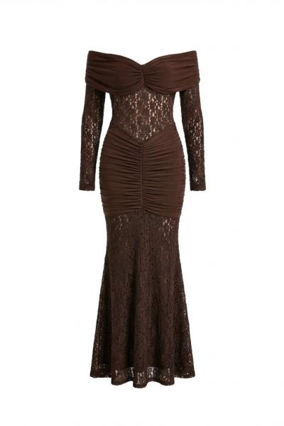 Elva Güpürlü Prenses Yaka Elbise  Kahverengi