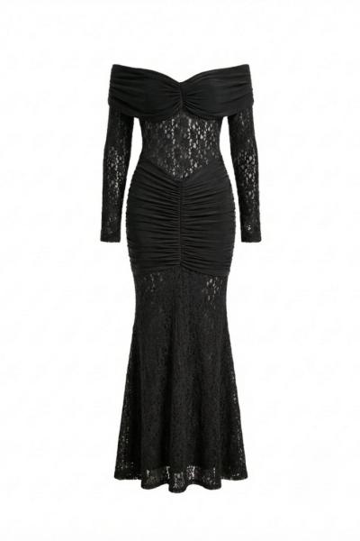 Elva Güpürlü Prenses Yaka Elbise  Siyah