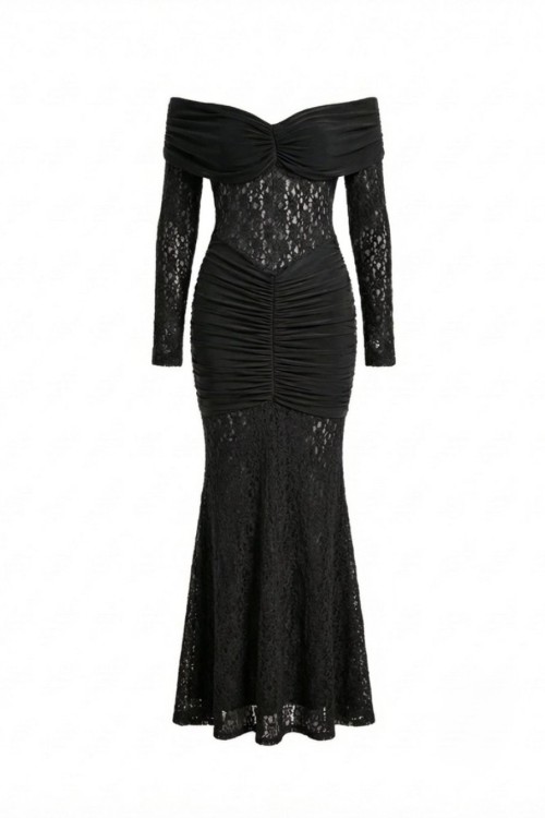 Elva Güpürlü Prenses Yaka Elbise  Siyah