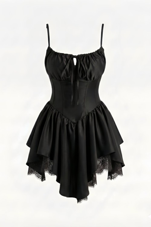 Linda Korse Detay Saten Dantelli Elbise Siyah