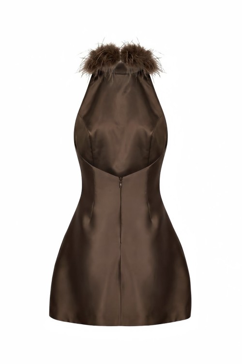 Sirt Dekolteli Yakasi Tüylü Saten Elbise Rina Kahverengi