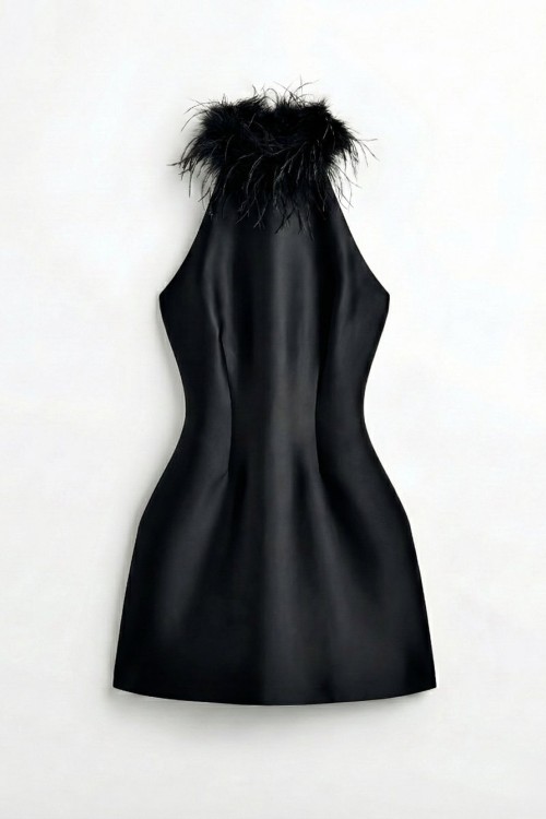 Sirt Dekolteli Yakasi Tüylü Saten Elbise Rina Siyah