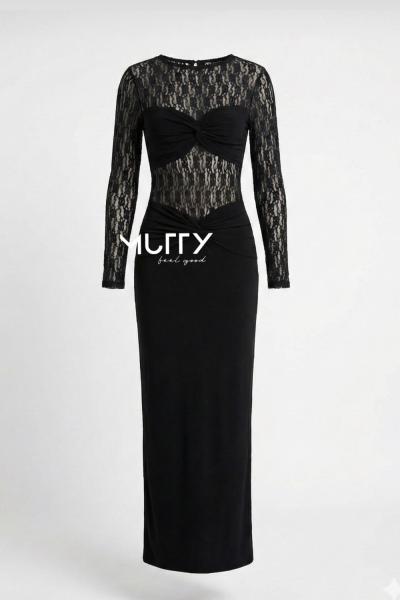 Vien  Güpürlü Maxi Elbise Siyah