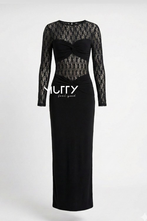 Vien  Güpürlü Maxi Elbise Siyah