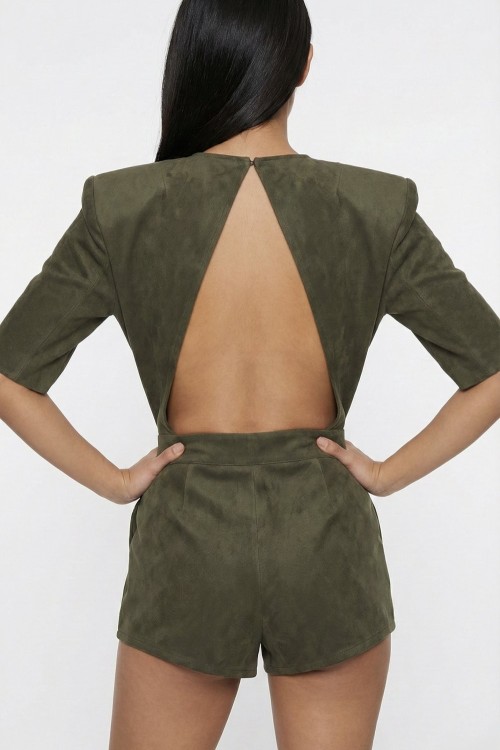 Zaia Sirt Dekolteli Suet Mini Tulum Haki