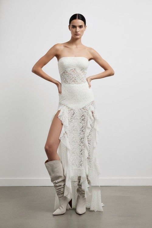 Marbella Likralı Dantel Straplez Elbise (şort ve Crop dahildir) Beyaz