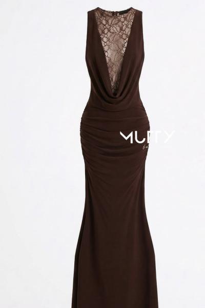 Paula Sırt Dekolteli Tasarım Elbise Kahverengi