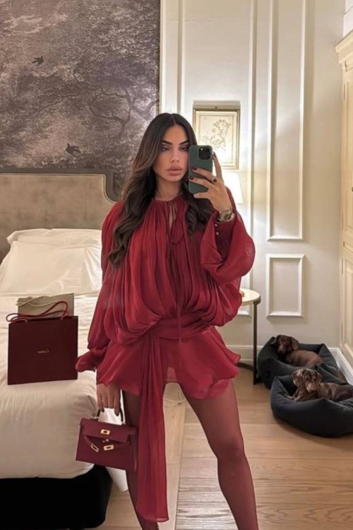 Barcelona Mini Yaka İp Detay Elbise  Bordo