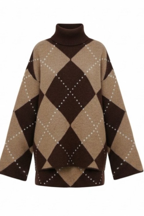 Yuli Etekli Triko Set Ekose Kahve